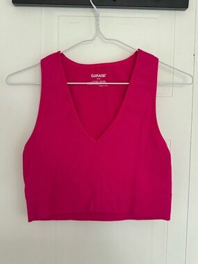 Garage Hot Pink Ribbed V-Neck Crop Tank